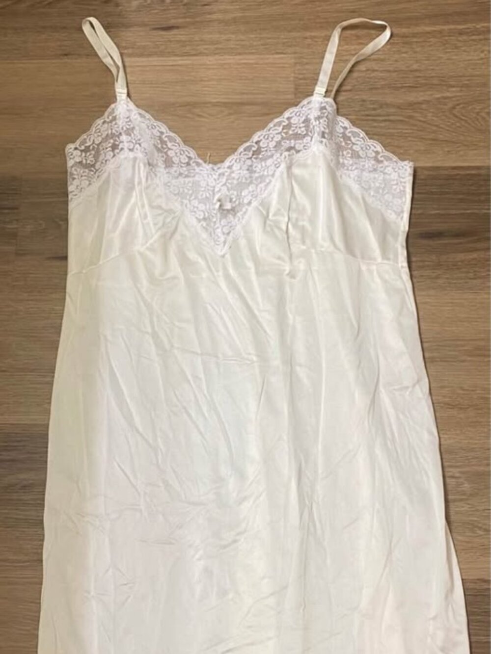 Vintage White Nylon Full Slip – Floral Lace & Rosebud Trim – Coquette Cottage